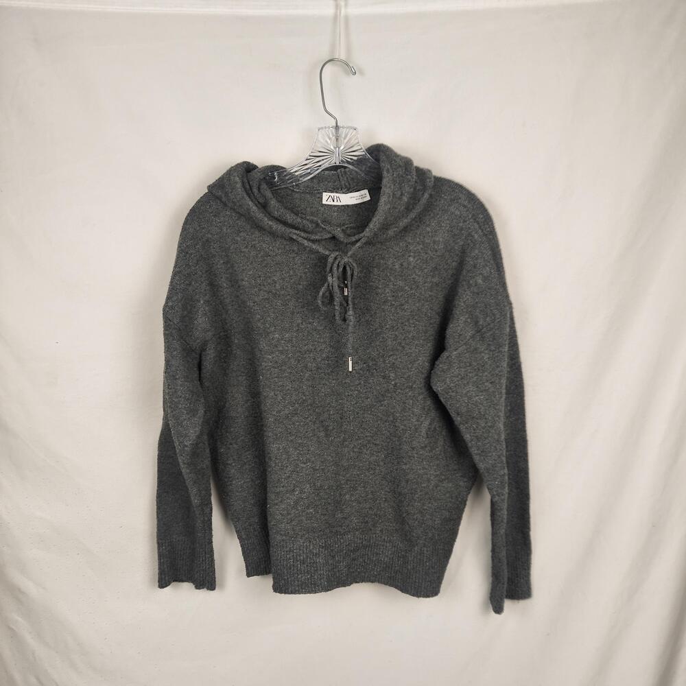 Zara Sweater Womens Medium Gray Hooded Knit Drawstring Pullover Soft Cozy